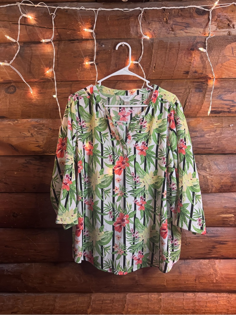 CJ Banks Floral V-Neck Top in Green and Pink
